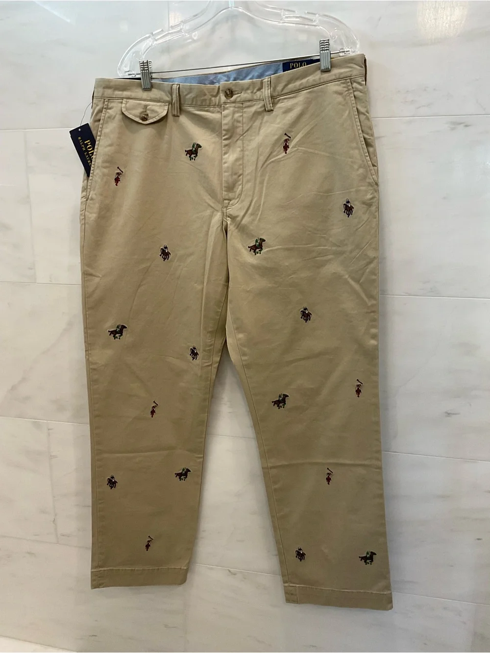 POLO Ralph Lauren Tan ALL OVER PLAYER Stretch Straight Fit Pants size 38-30 T76